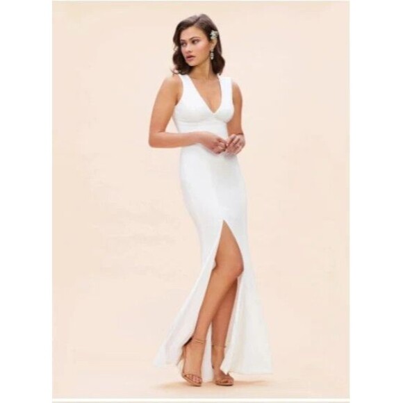 Dress The Population Women's Off White Sandra Crepe Stretch V-Neck Slit Sz S - Picture 2 of 9